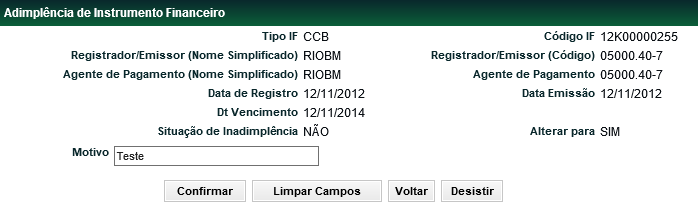 Campo Situação de Inadimplência Caixa de seleção com as opções: Sim e Não.