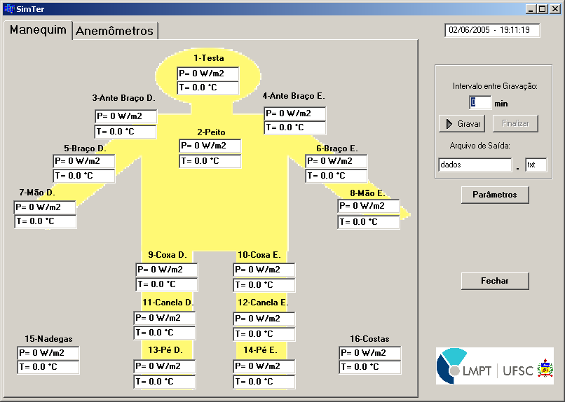 47 O software de aquisição roda em sistema Windows, onde pode ser selecionado o modo de funcionamento (potência, temperatura ou equação), e visualizados os valores de cada região (segmento), conforme