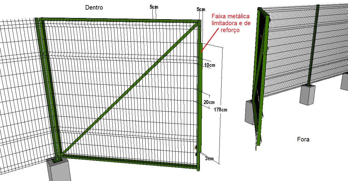 Para esta especificação, tomemos como referência, uma pessoa de frente para o portão, desejando entrar no cenário; Imagem 10 h) Ambas as folhas receberão, na parte superior da barra vertical oposta à