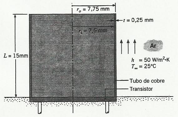 T 350 K, quais são as dissipações máximas de potência correspondentes às condições de h 150 W /( m² K) e T 300 K L 45) Um transistor em forma de disco está montado em um meio isolante e dissipa 0,25W