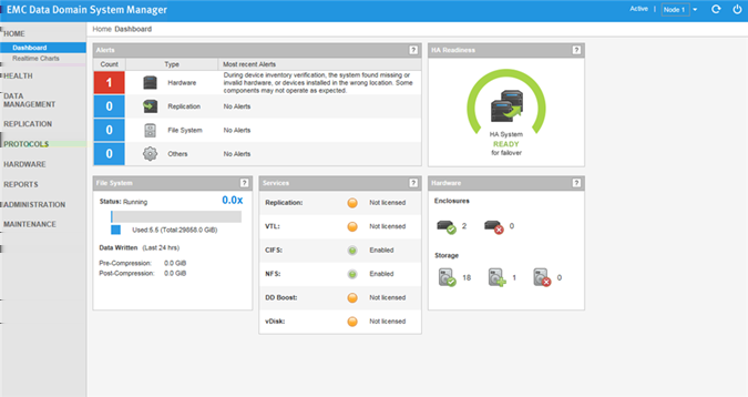 Monitorando sistemas Data Domain Exibindo o status individual do sistema e as informações de identidade A área Dashboard exibe informações de resumo e status para alertas, o file system, serviços