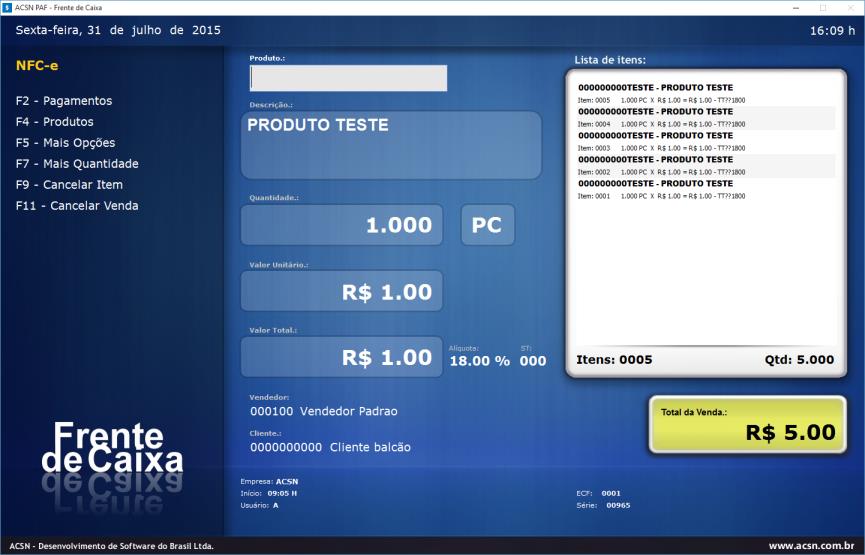 2. Acesse a opção Iniciar movimento 3. Acesse a opção F1 Vendas 4. Caso seja exibida a tela para selecionar o documento fiscal, selecione 4 NFCe 5.