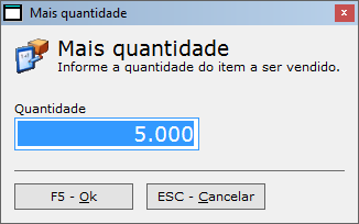 1. No campo de código do produto a. No campo Produto da tela de vendas onde se informa o código do produto, digite a quantidade desejada e pressione * (asterisco).