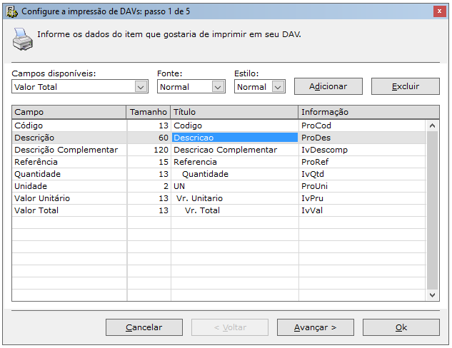 Você poderá realizar essa configuração em 5 passos: a. Passo 1: impressão dos itens Configure nesse passo quais informações do item deseja imprimir na banda Itens do cupom.