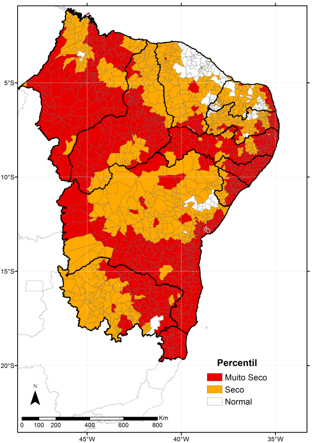 1.1.1 Avaliação dos Percentis da chuva acumulada nos últimos 120 dias O percentil é usado como forma de classificar o status de cada município segundo o montante de precipitação recebido, conforme