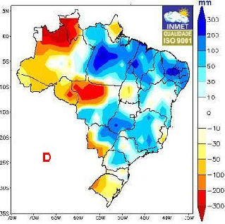 Figura 01. Mapas das anomalias de precipitação mensal (mm), amarelo e laranja negativa, azul positiva: a) dezembro/2007; b) janeiro; fevereiro; e c) março/2008 Figura 02.