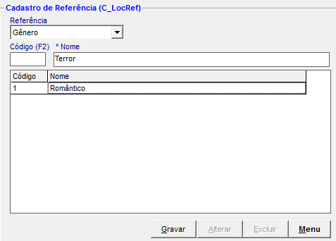 Cadastrar Referência Selecione um tipo de Referência no campo Referência; Deixe o campo Código em