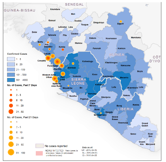 A distribuição geográfica dos casos de Ébola na África ocidental é a seguinte (08/04/15): OMS: http://apps.who.