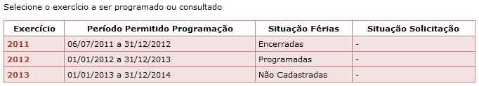 Será disponibilizada a tela apresentada no quadro ao lado para seleção do exercício a ser programado ou consultado. 7. Cada exercício conterá os seguintes dados: 7.1.