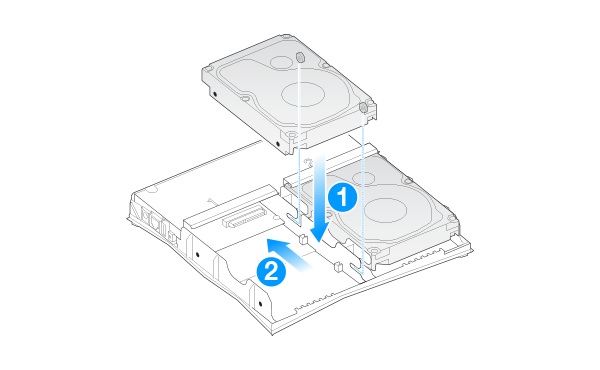 2. Coloque o disco rígido de forma que o parafuso traseiro se encaixe em seu orifício e