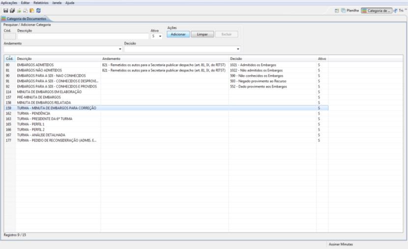 Agora no egab as categorias ficam atreladas às minutas, portanto quando um processo for enviado a outra unidade as
