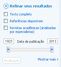 Facetas (ou filtros) Refinar seus resultados O período pode ser alterado inserindo a data ou movendo as setas Pode haver até 2 anos posteriores à