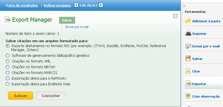 Ferramentas A ferramamenta Exportar permite exportar o registro bibliográfico para diversos tipos de