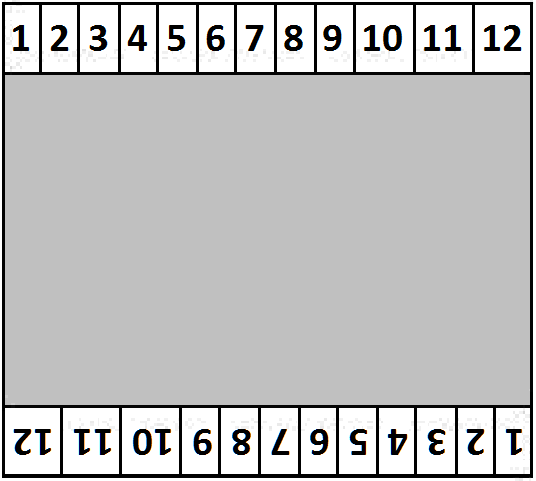 Descrição do material: Um tabuleiro (ver imagem abaixo), 12 marcadores para cada participante (2 conjuntos de 12, um de cada cor) e 2 dados. OBS.