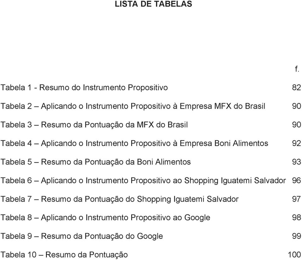 Pontuação da MFX do Brasil 90 Tabela 4 Aplicando o Instrumento Propositivo à Empresa Boni Alimentos 92 Tabela 5 Resumo da Pontuação da Boni