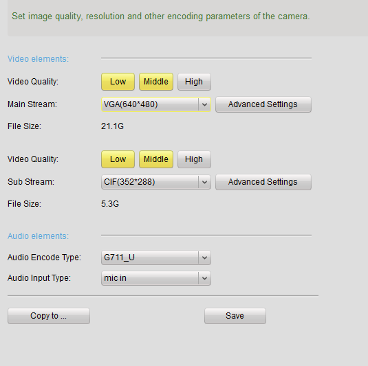 Para câmaras IP ligadas directamente, também pode definir os parâmetros áudio. Escolha o tipo de encoding áudio e o tipo de entrada de áudio.