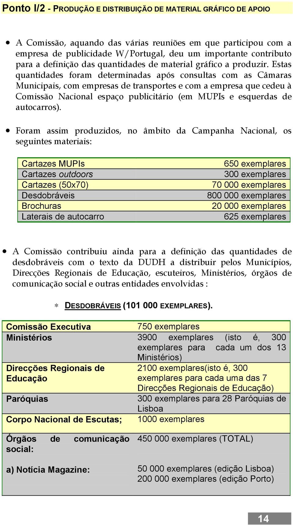 Estas quantidades foram determinadas após consultas com as Câmaras Municipais, com empresas de transportes e com a empresa que cedeu à Comissão Nacional espaço publicitário (em MUPIs e esquerdas de