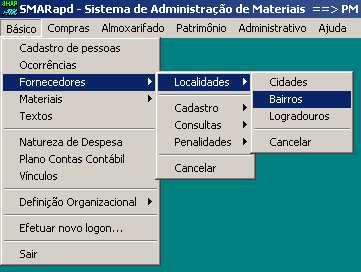 Figura 14 - Opções de Relatórios de Cidades 2.3.1.2. Bairros Para inserir um bairro, acessar o menu Básico Fornecedores Localidades Bairros (Figura 15).