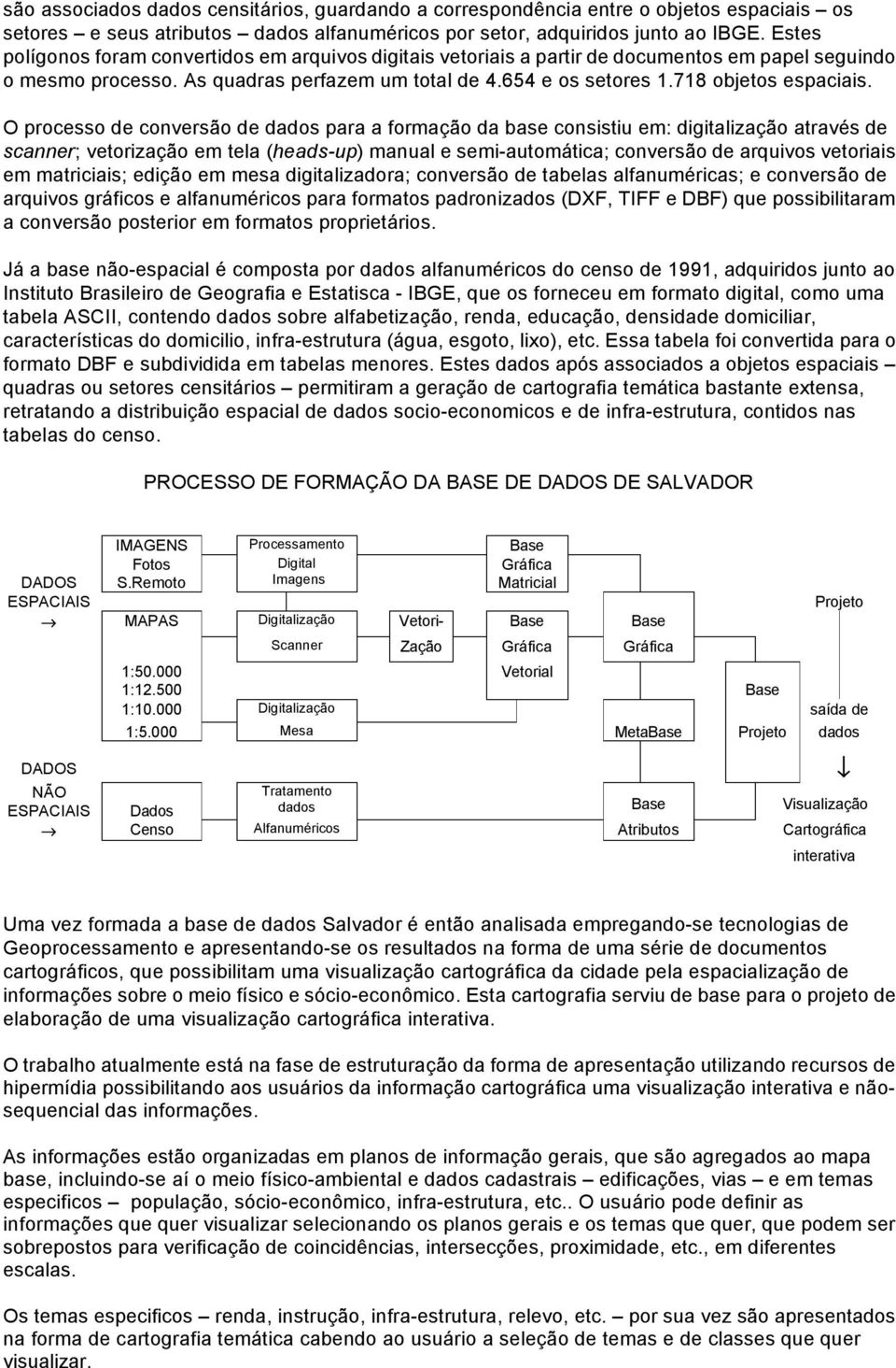 O processo de conversão de dados para a formação da base consistiu em: digitalização através de scanner; vetorização em tela (heads-up) manual e semi-automática; conversão de arquivos vetoriais em