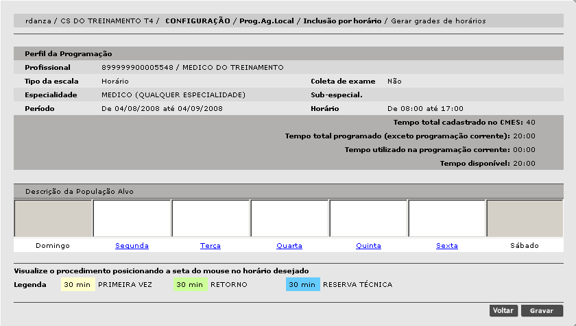 Na parte superior da tela estão as informações sobre a agenda e mais abaixo estão os dias da semana conforme os dias que foram selecionados na primeira tela.