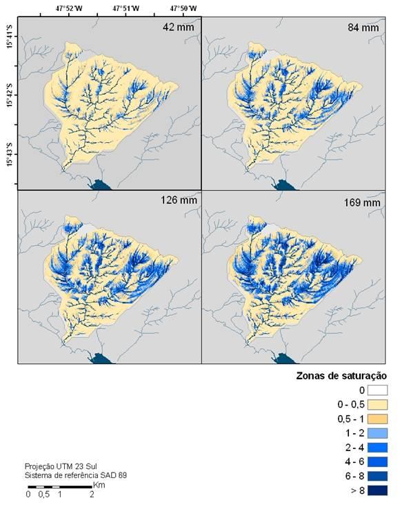 Tema 4 - Riscos naturais e a sustentabilidade dos territórios Figura 13 Cenários de zona de saturação de acordo com a pluviosidade (em azul escuro grande grau de saturação, em amarelo baixo grau) Na