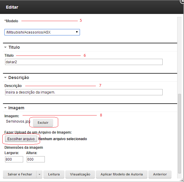 5 - Campo Modelo: neste campo você deverá selecionar qual o modelo do carro você está se referindo na inclusão da imagem. No caso do exemplo, ASX.