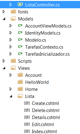 Scaffold: Gerando Controller e Views a partir do Modelo Nome do controller: ListaController; Classe do Modelo: Lista (Models); Contexto: