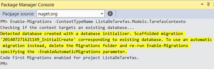 Migrações do Banco de Dados Como o seu modelo mudou você precisa atualizar o seu banco de dados utilizando Code First Migrations; Acesse o prompt do Package Manager Console, digite