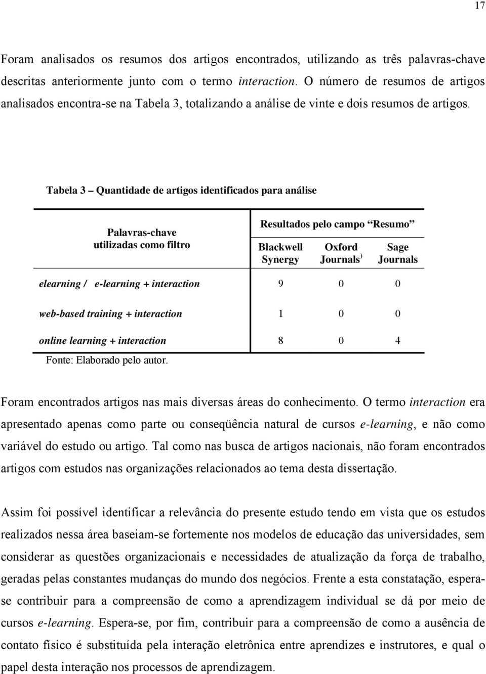 Tabela 3 Quantidade de artigos identificados para análise Palavras-chave utilizadas como filtro Resultados pelo campo Resumo Blackwell Synergy Oxford Journals ) Sage Journals elearning / e-learning +