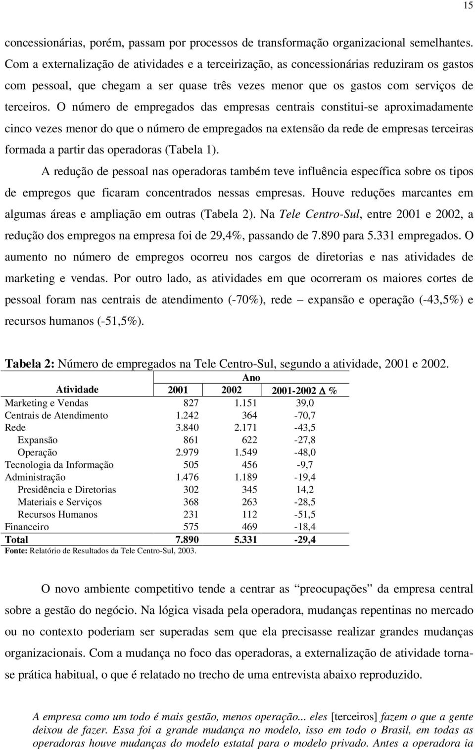 O número de empregados das empresas centrais constitui-se aproximadamente cinco vezes menor do que o número de empregados na extensão da rede de empresas terceiras formada a partir das operadoras