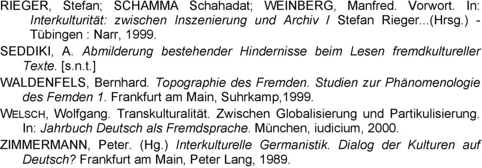 Topographie des Fremden. Studien zur Phänomenologie des Femden 1. Frankfurt am Main, Suhrkamp,1999. WELSCH, Wolfgang. Transkulturalität.