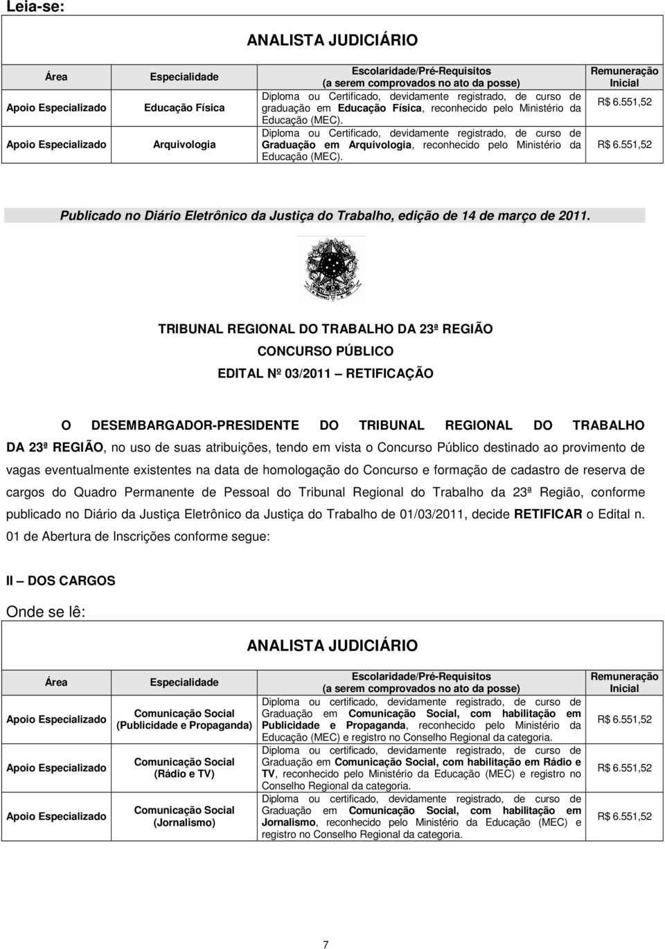 Publicado no Diário Eletrônico da Justiça do Trabalho, edição de 14 de março de 2011.