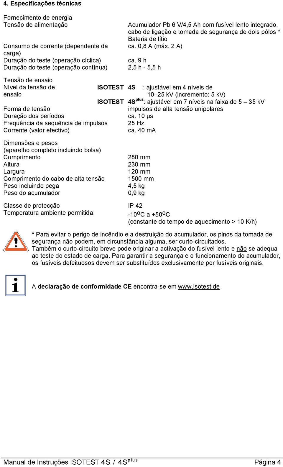 9 h Duração do teste (operação contínua) 2,5 h - 5,5 h Tensão de ensaio Nível da tensão de ensaio ISOTEST 4S : ajustável em 4 níveis de 10 25 kv (incremento: 5 kv) 4S plus : ajustável em 7 níveis na