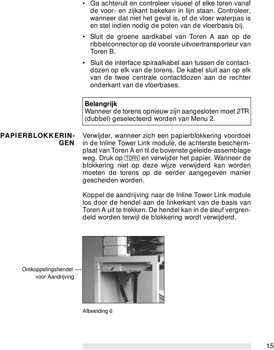 Sluit de groene aardkabel van Toren A aan op de ribbelconnector op de voorste uitvoertransporteur van Toren B. Sluit de interface spiraalkabel aan tussen de contactdozen op elk van de torens.