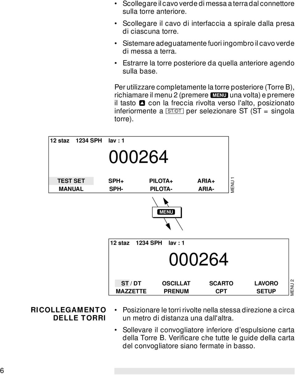 Per utilizzare completamente la torre posteriore (Torre B), richiamare il menu 2 (premere MENU una volta) e premere il tasto con la freccia rivolta verso l'alto, posizionato inferiormente a ST/DT per