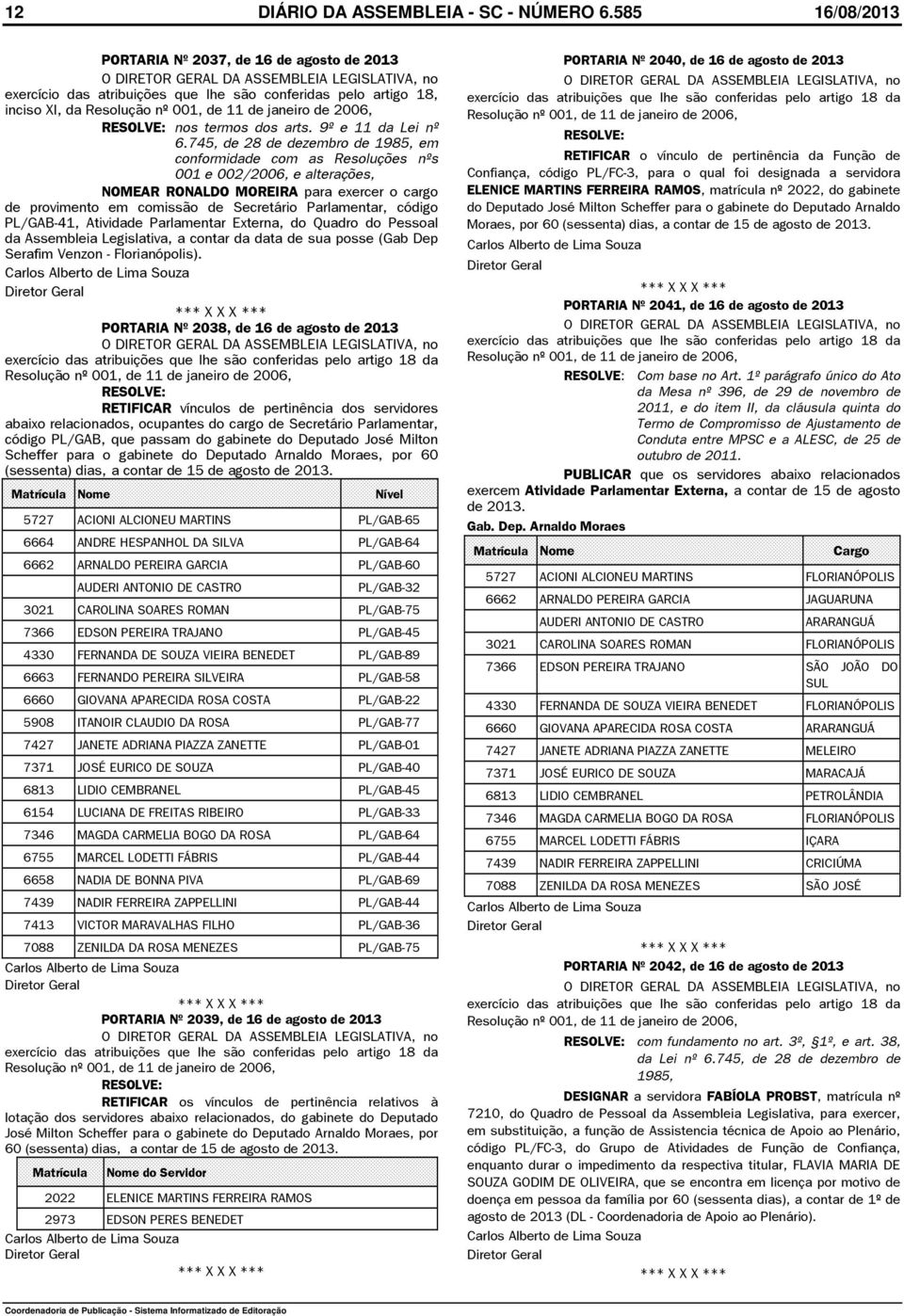 de provimento em comissão de Secretário Parlamentar, código PL/GAB-41, Atividade Parlamentar Externa, do Quadro do Pessoal Confiança, código PL/FC-3, para o qual foi designada a servidora ELENICE