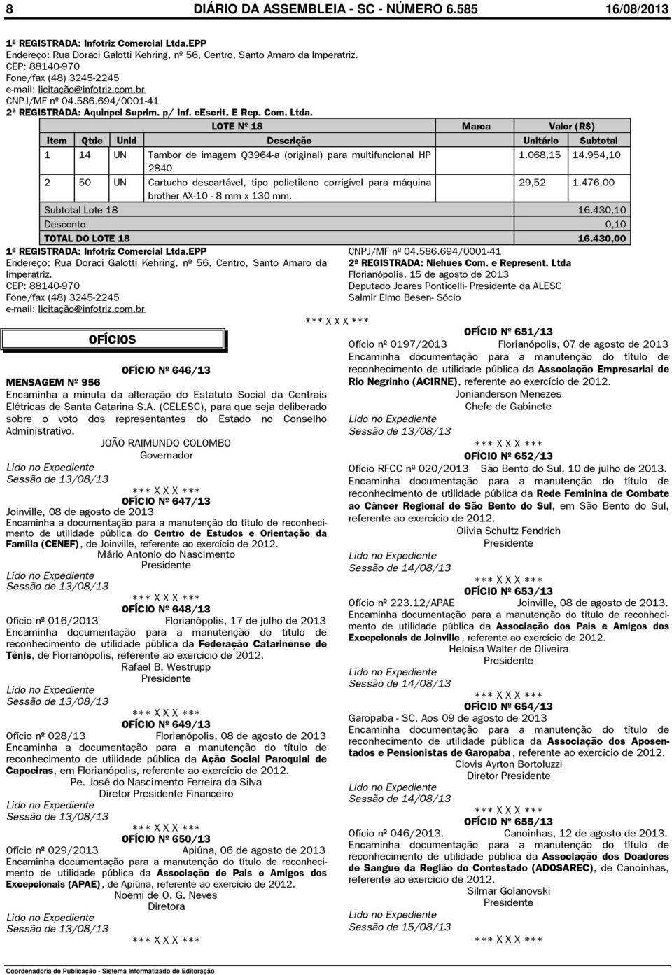 LOTE Nº 18 Marca Valor (R$) Item Qtde Unid Descrição Unitário Subtotal 1 14 UN Tambor de imagem Q3964-a (original) para multifuncional HP 1.068,15 14.