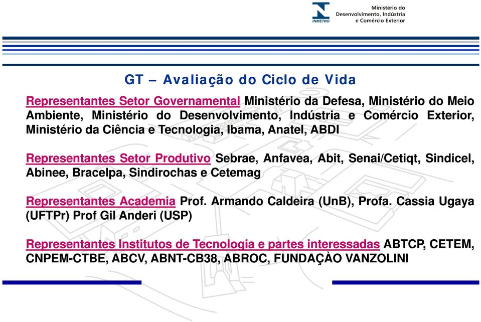 Cetiqt, Sindicel, Abinee, Bracelpa, Sindirochas e Cetemag Representantes Academia Prof. Armando Caldeira (UnB), Profa.