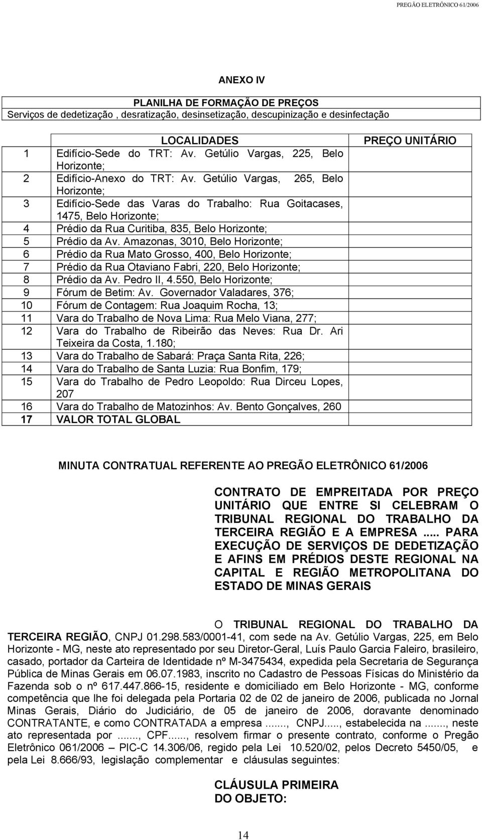 Getúlio Vargas, 265, Belo Horizonte; 3 Edifício-Sede das Varas do Trabalho: Rua Goitacases, 1475, Belo Horizonte; 4 Prédio da Rua Curitiba, 835, Belo Horizonte; 5 Prédio da Av.