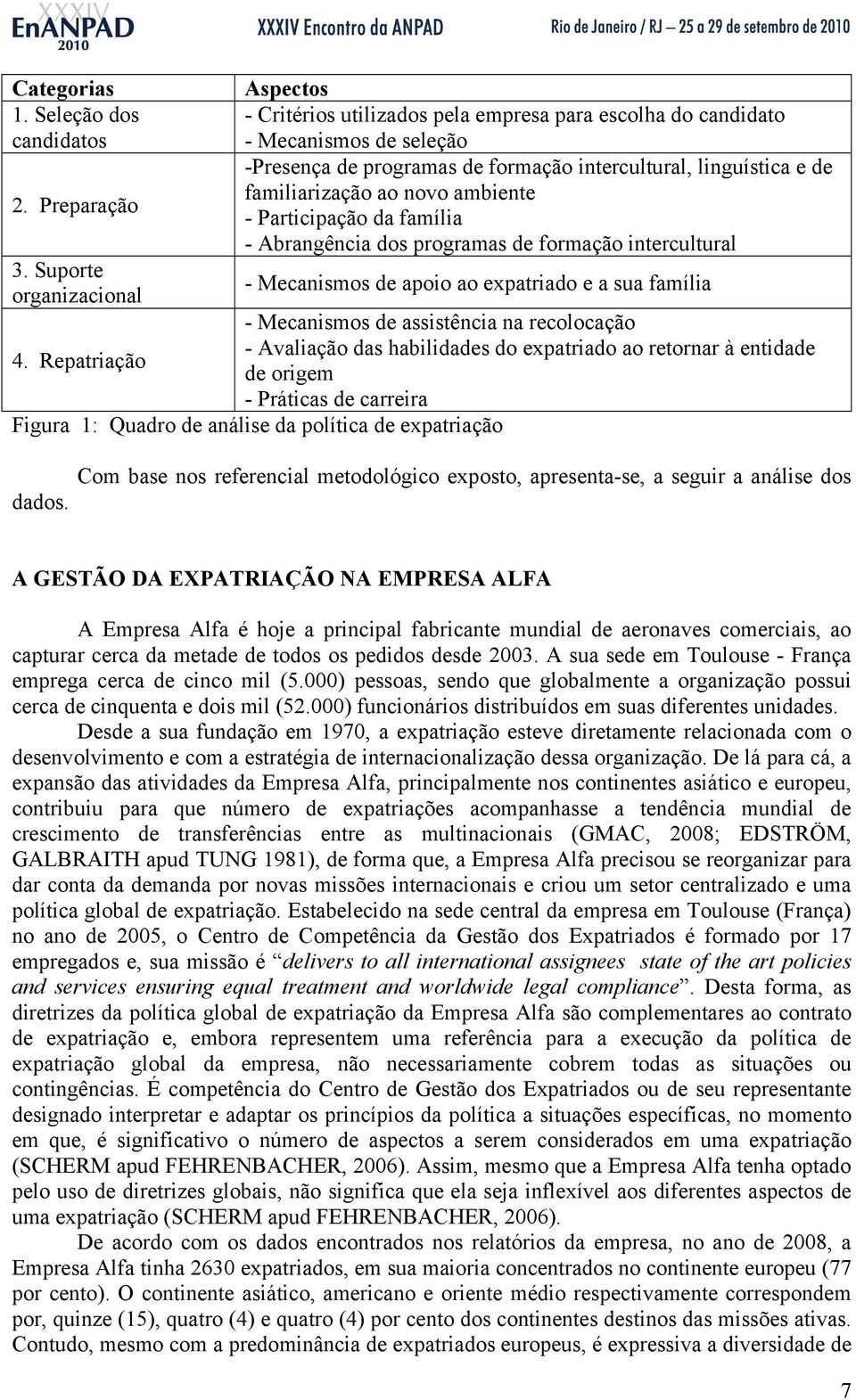 ambiente - Participação da família - Abrangência dos programas de formação intercultural - Mecanismos de apoio ao expatriado e a sua família - Mecanismos de assistência na recolocação - Avaliação das