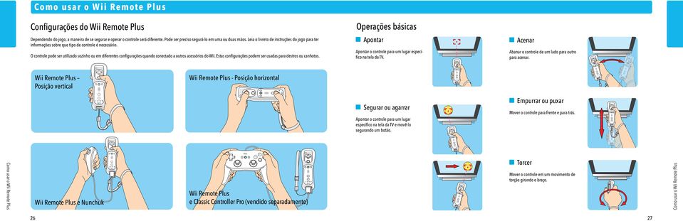 O controle pode ser utilizado sozinho ou em diferentes configurações quando conectado a outros acessórios do Wii. Estas configurações podem ser usadas para destros ou canhotos.
