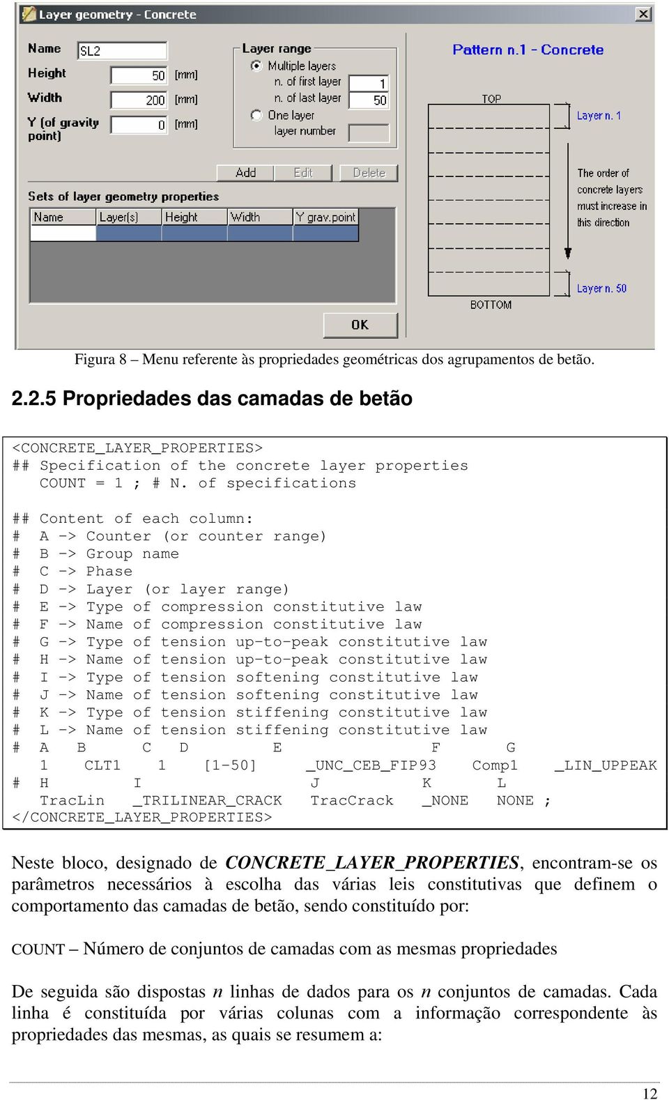 of specifications # A -> Counter (or counter range) # B -> Group name # C -> Phase # D -> Layer (or layer range) # E -> Type of compression constitutive law # F -> Name of compression constitutive