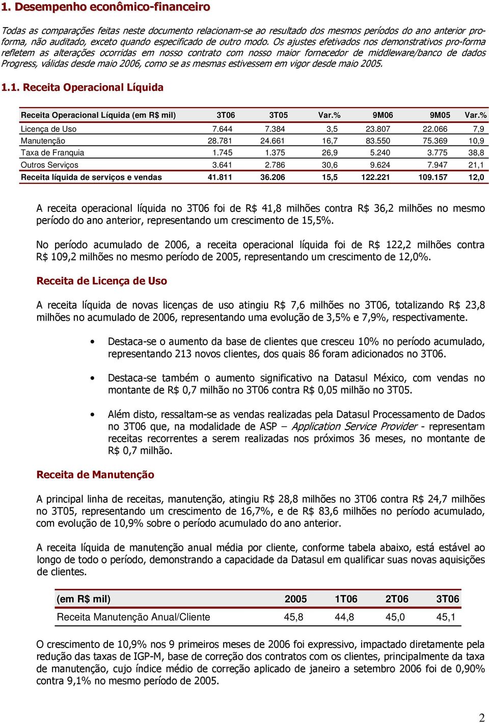 Os ajustes efetivados nos demonstrativos pro-forma refletem as alterações ocorridas em nosso contrato com nosso maior fornecedor de middleware/banco de dados Progress, válidas desde maio 2006, como