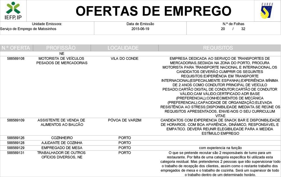 OS CANDIDATOS DEVERÃO CUMPRIR OS SEGUINTES :EXPERIÊNCIA EM TRANSPORTE INTERNACIONAL(ESPECIALMENTE ESPANHA);EXPERIÊNCIA MÍNIMA DE 2 ANOS COMO CONDUTOR PRINCIPAL DE VEÍCULO PESADO;CARTÃO DIGITAL DE