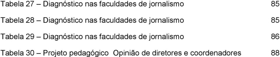 Tabela 29 Diagnóstico nas faculdades de jornalismo 86