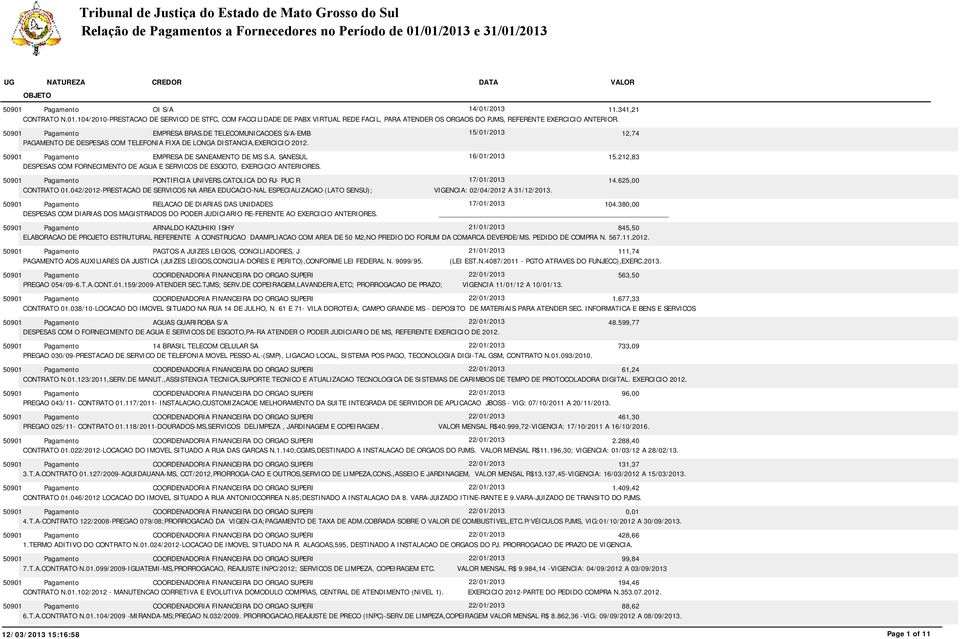 212,83 DESPESAS COM FORNECIMENTO DE AGUA E SERVICOS DE ESGOTO, EXERCICIO ANTERIORES. PONTIFICIA UNIVERS.CATOLICA DO RJ- PUC R 17/01/2013 14.625,00 CONTRATO 01.