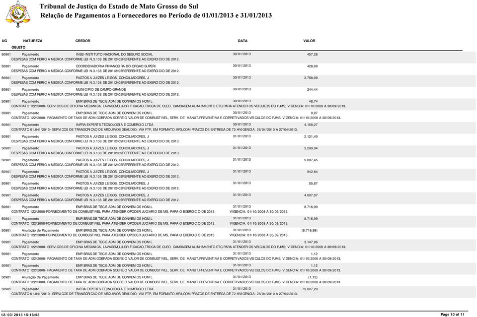 01/10/2008 A 30/09/2013. EMP.BRAS.DE TEC.E ADM.DE CONVENIOS HOM L 30/01/2013 0,07 CONTRATO 122/2008- PAGAMENTO DE TAXA DE ADM.COBRADA SOBRE O DE COMBUSTIVEL, SERV. DE MANUT.