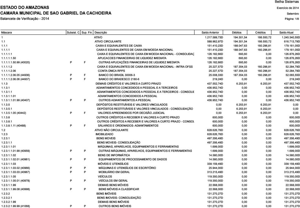 05 CAIXA E EQUIVALENTES DE CAIXA EM MOEDA NACIONAL - INTRA OFSS 1.1.1.1.2.06.06 CONTA ÚNICA RPPS 25.227,57D 126.876,26D (44936) BRASIL 30006-3 25.008,33D 187.354,03 160.