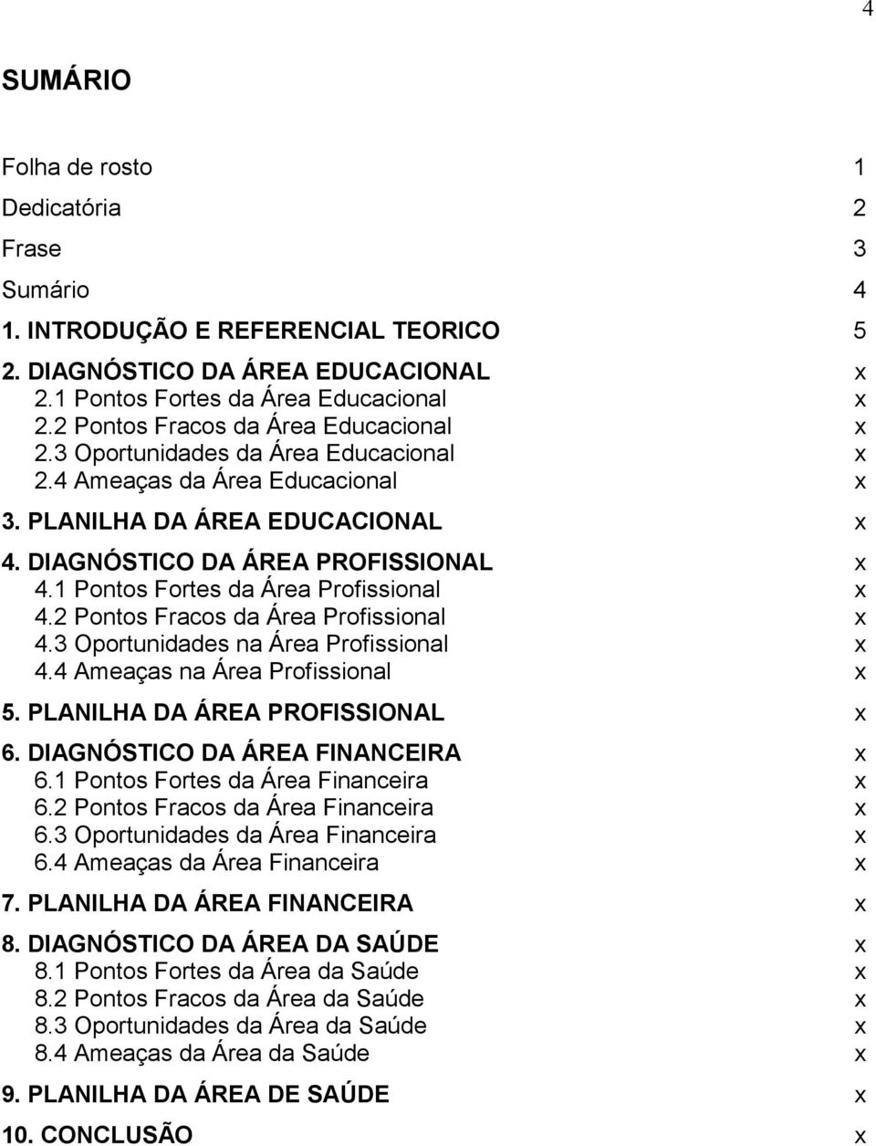 1 Pontos Fortes da Área Profissional x 4.2 Pontos Fracos da Área Profissional x 4.3 Oportunidades na Área Profissional x 4.4 Ameaças na Área Profissional x 5. PLANILHA DA ÁREA PROFISSIONAL x 6.