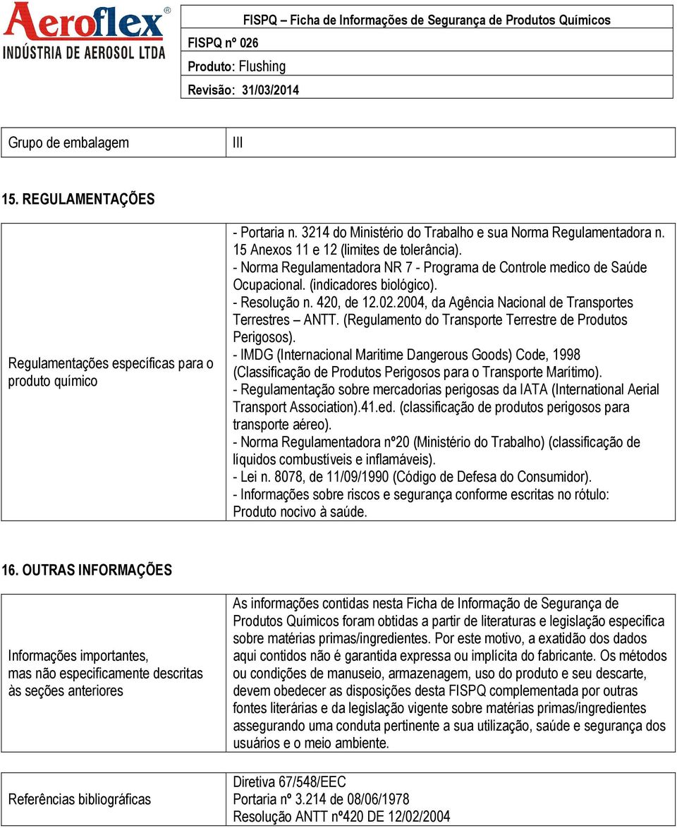 2004, da Agência Nacional de Transportes Terrestres ANTT. (Regulamento do Transporte Terrestre de Produtos Perigosos).